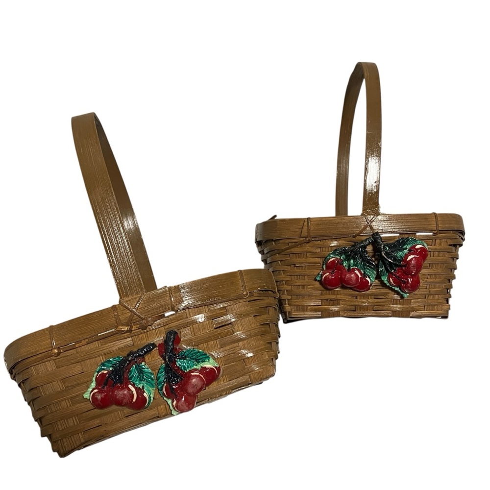 Vintage Cherry Trim Baskets Nesting with Handle Made in Philippines